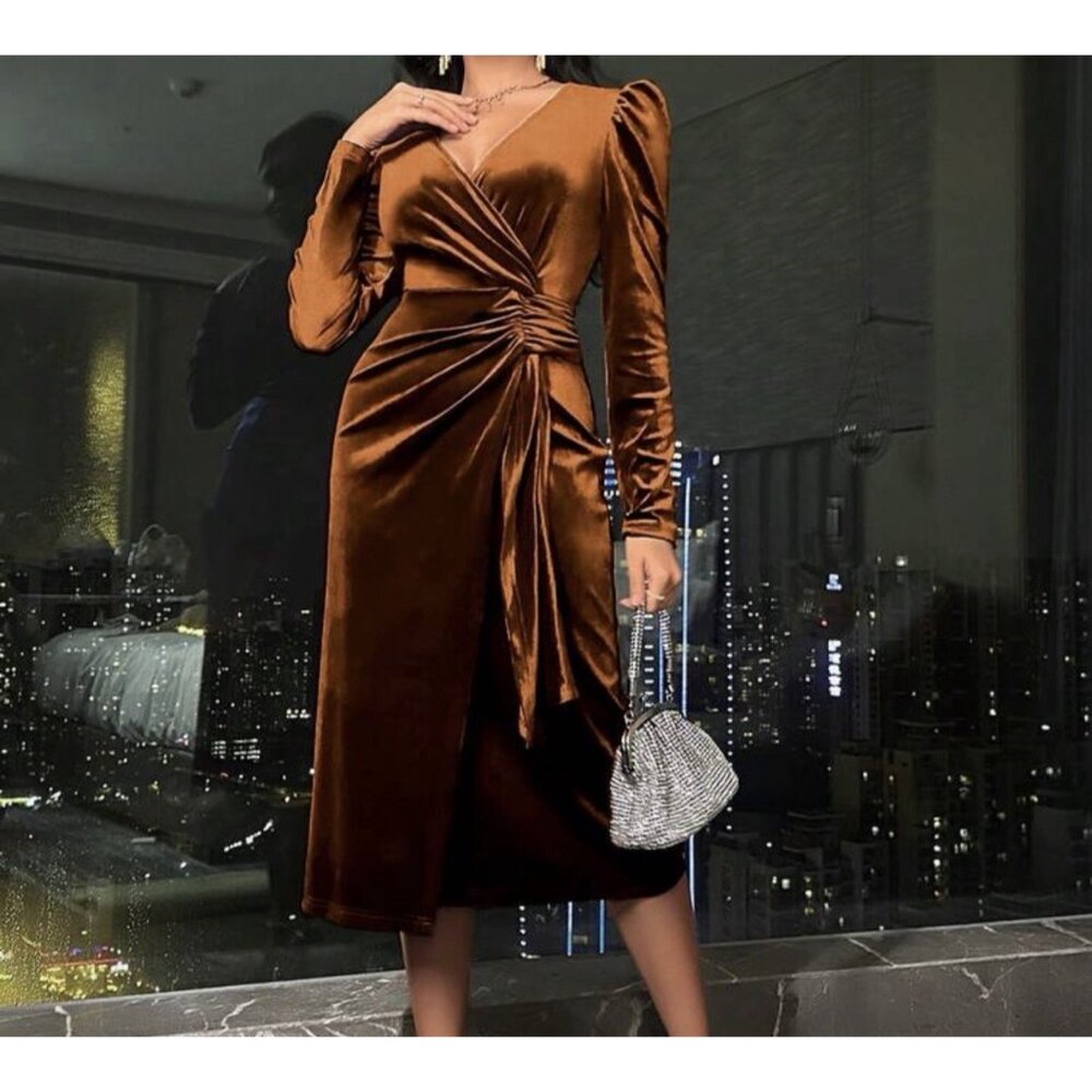 Lunelith SHEIN Lunessa Autumn Elegant Velvet Wrap Dress Maxi Women Plus 2X Party
